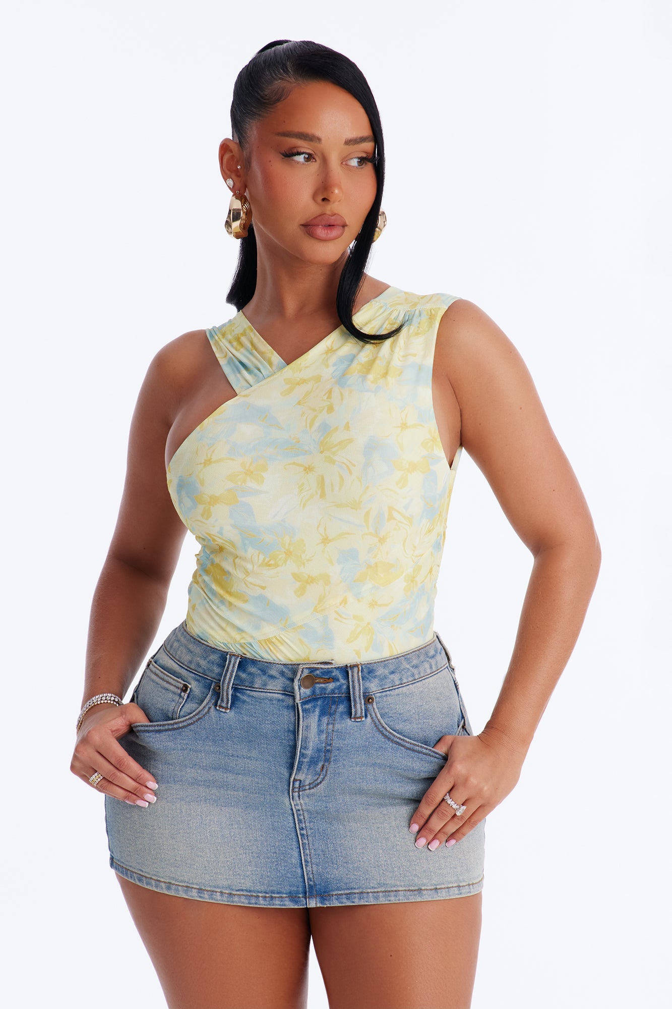 Hailey Floral Sleeveless Ruched Bodysuit - Yellow/combo