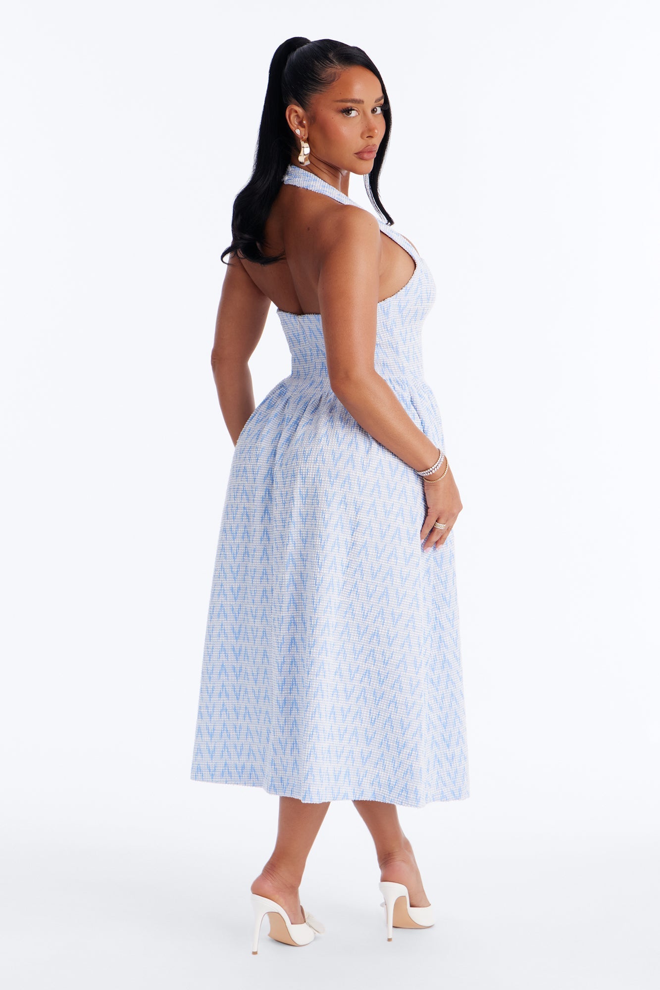 Fia Halter Tweed Midi Dress - Blue