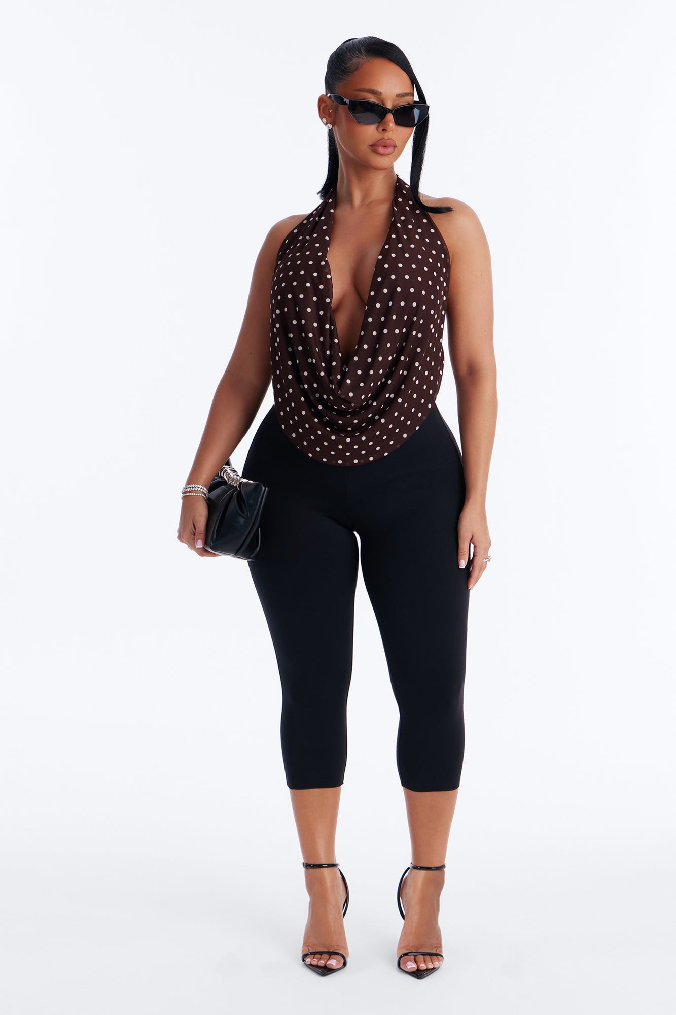 Melody Mesh Polka Dot Halter Top - Brown/combo