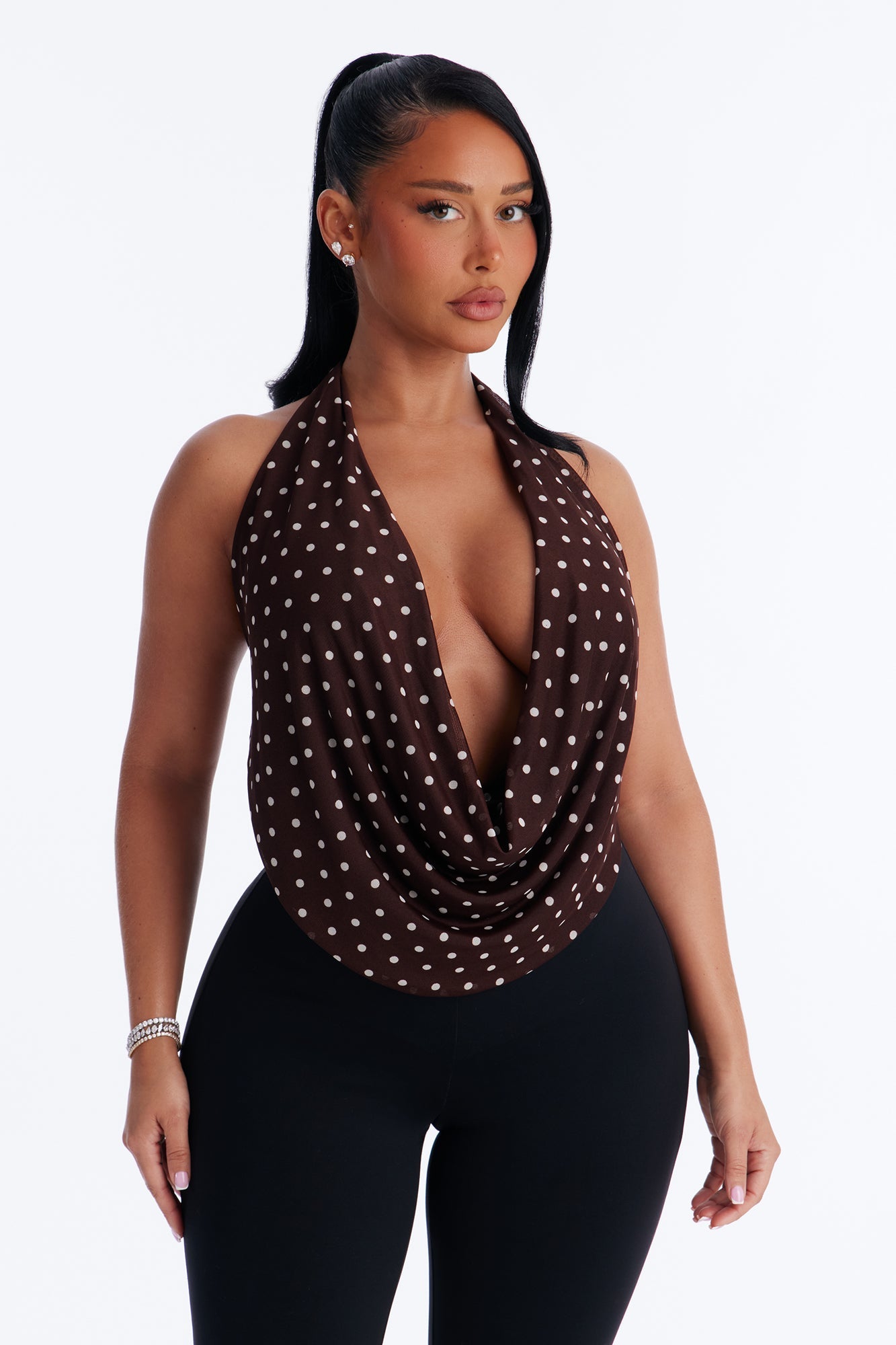 Melody Mesh Polka Dot Halter Top - Brown/combo