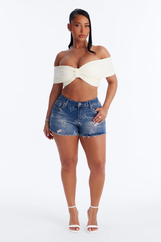 Mon Cheri Printed Denim Shorts - Vintage Wash