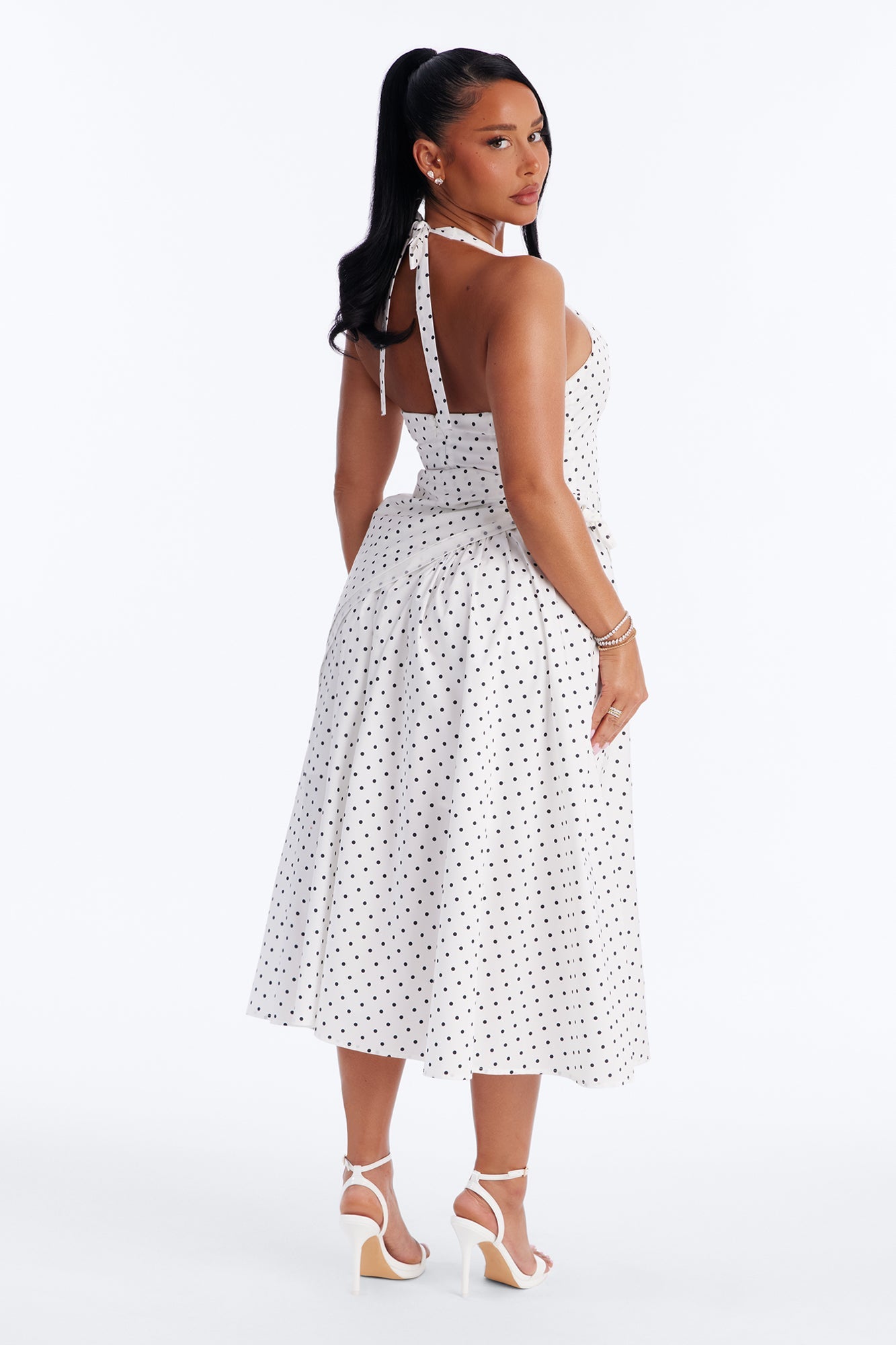 Mara Corset Polka Dot Midi Dress - White/Black