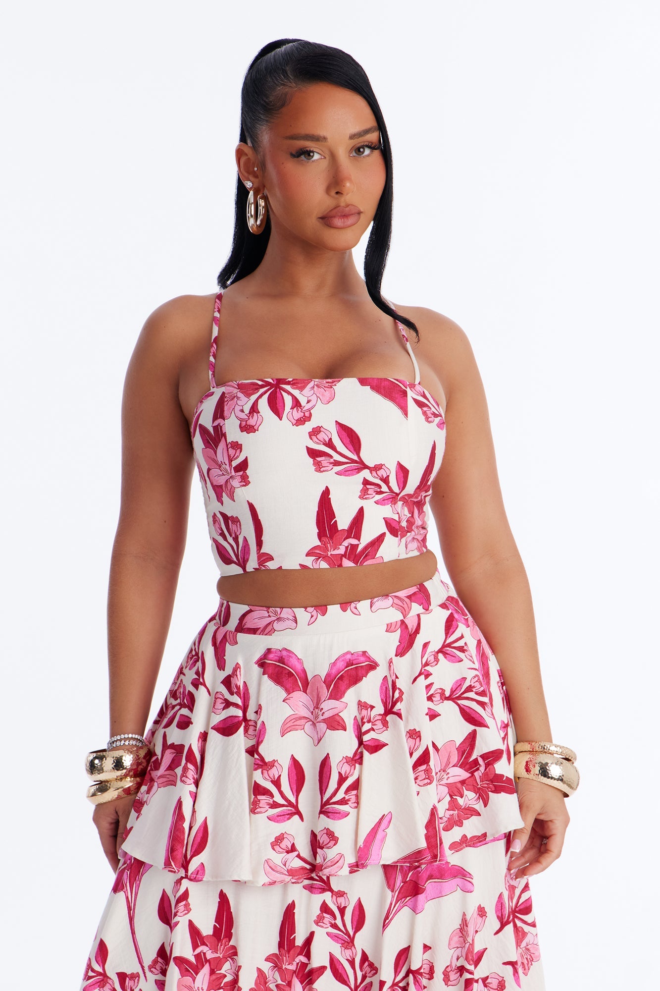 Bellarosa Linen Floral Layered Maxi Skirt Set - Fuchsia