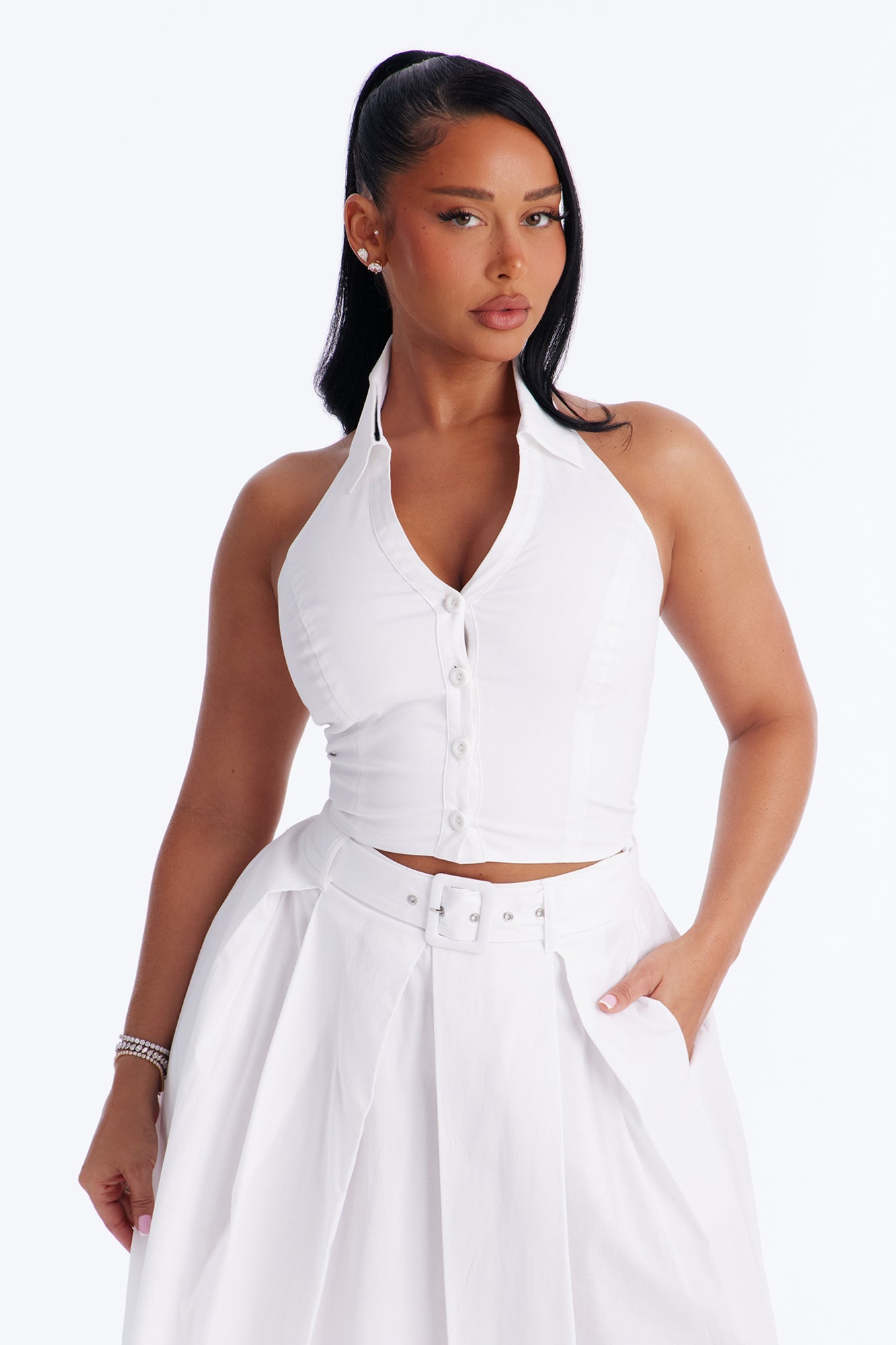 Lana Poplin Halter Maxi Skirt Set - White