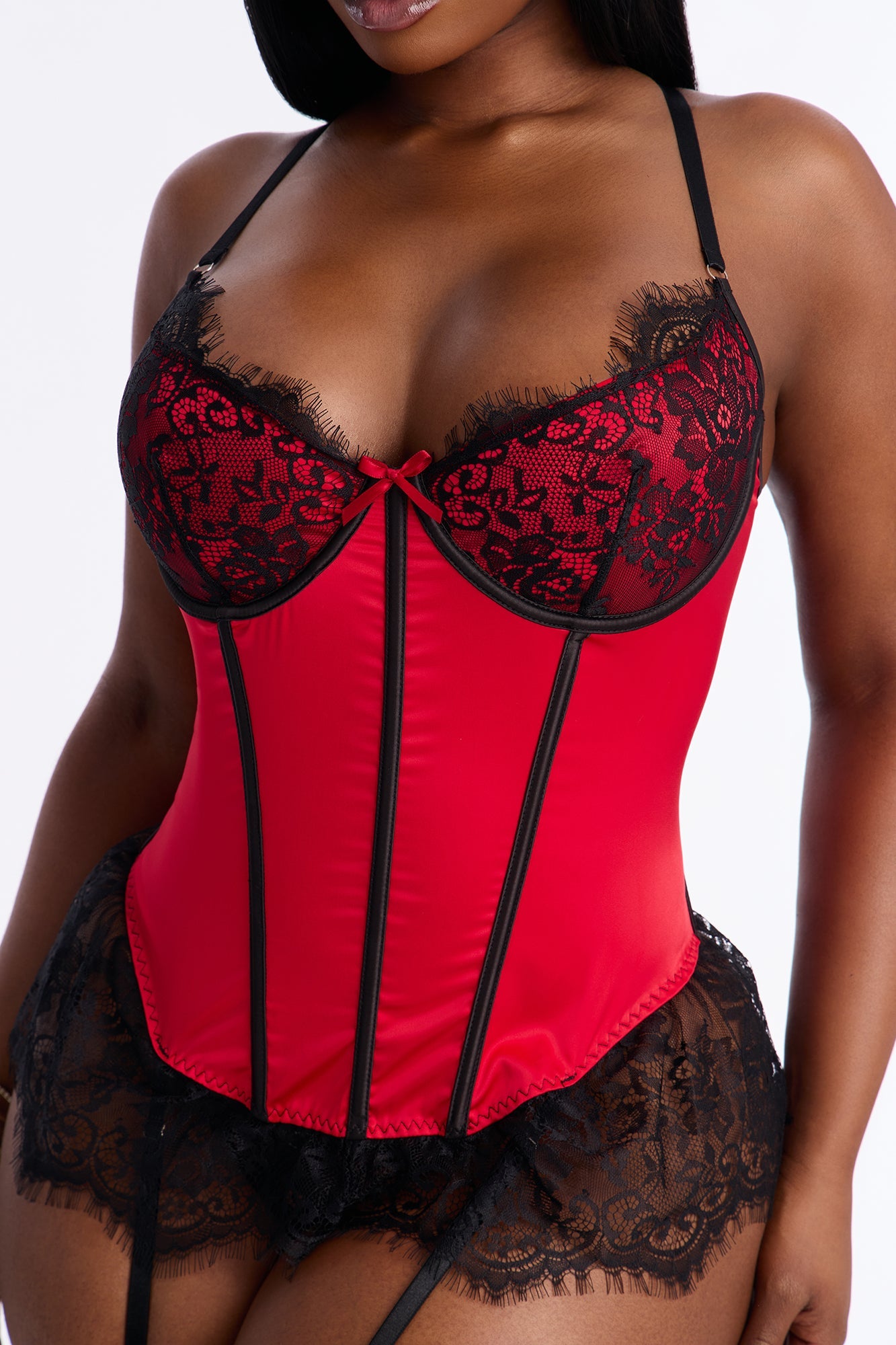 Bella Lace Boning Teddy - Red/Black