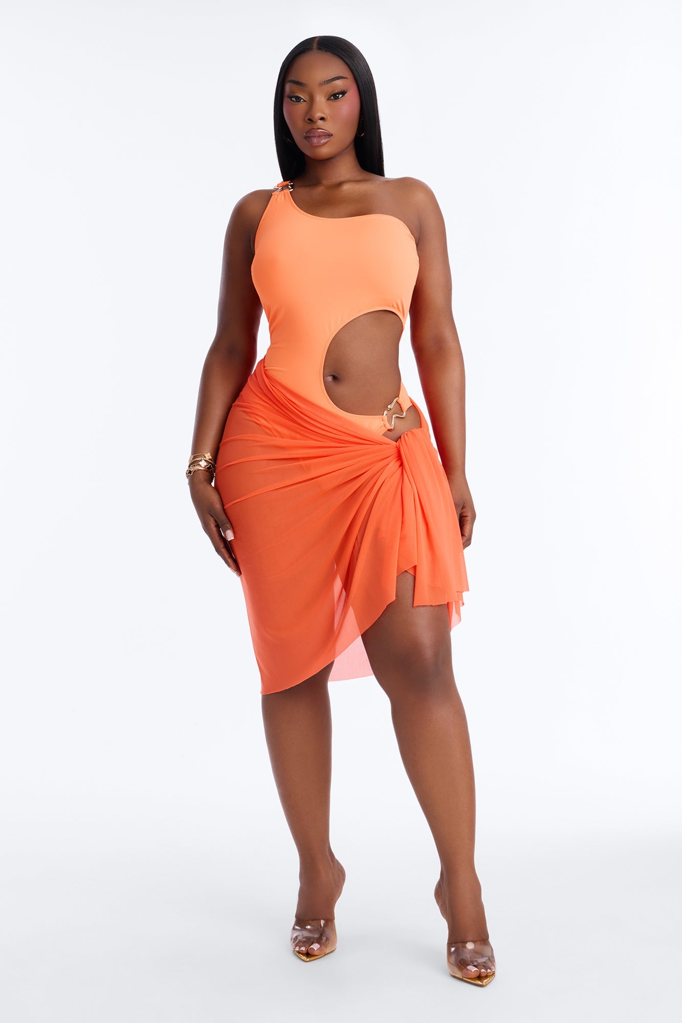 Stay Salty Hardware Cut Out Sheer 2 Piece Swimsuit - Orange