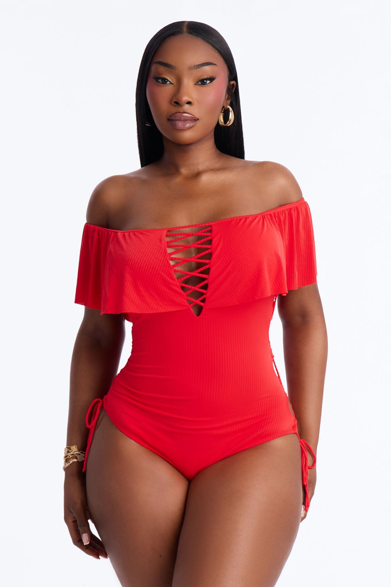 Take One Shoulder Ruffle Sleeve Lace Down Ribbed 1 Piece Swimsuit - Red