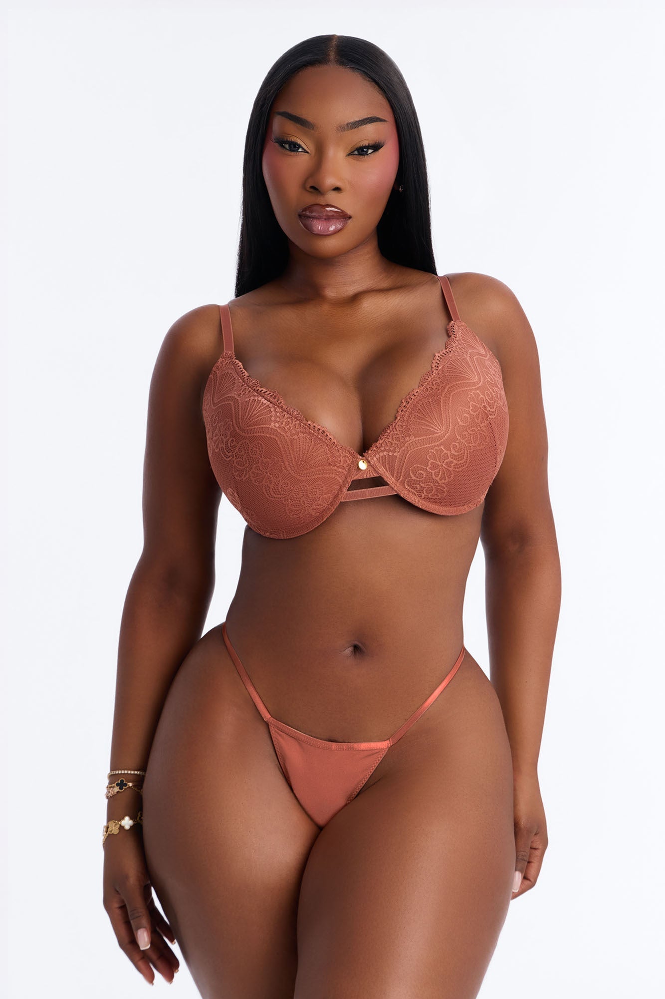 Lacey Lift Deep Plunge Push Up Lace Bra - Tan