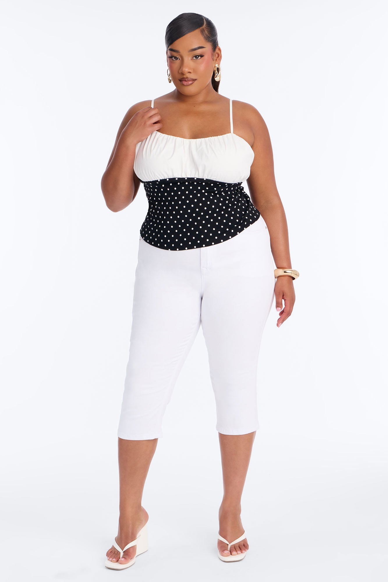 Take Care Polka Dot Ruched Sleeveless Top - Black/White