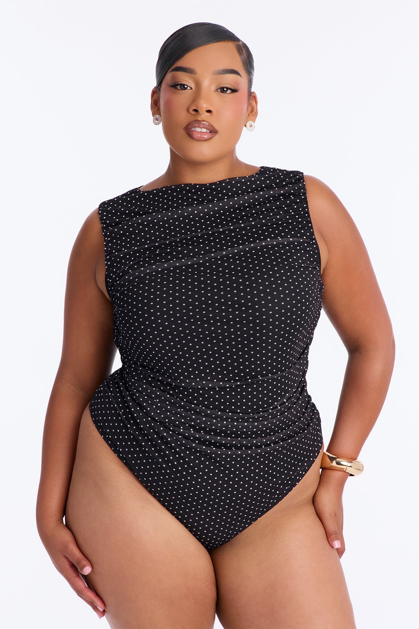 Maggie Polka Dot Mesh Ruched Sleeveless Bodysuit - Black/combo