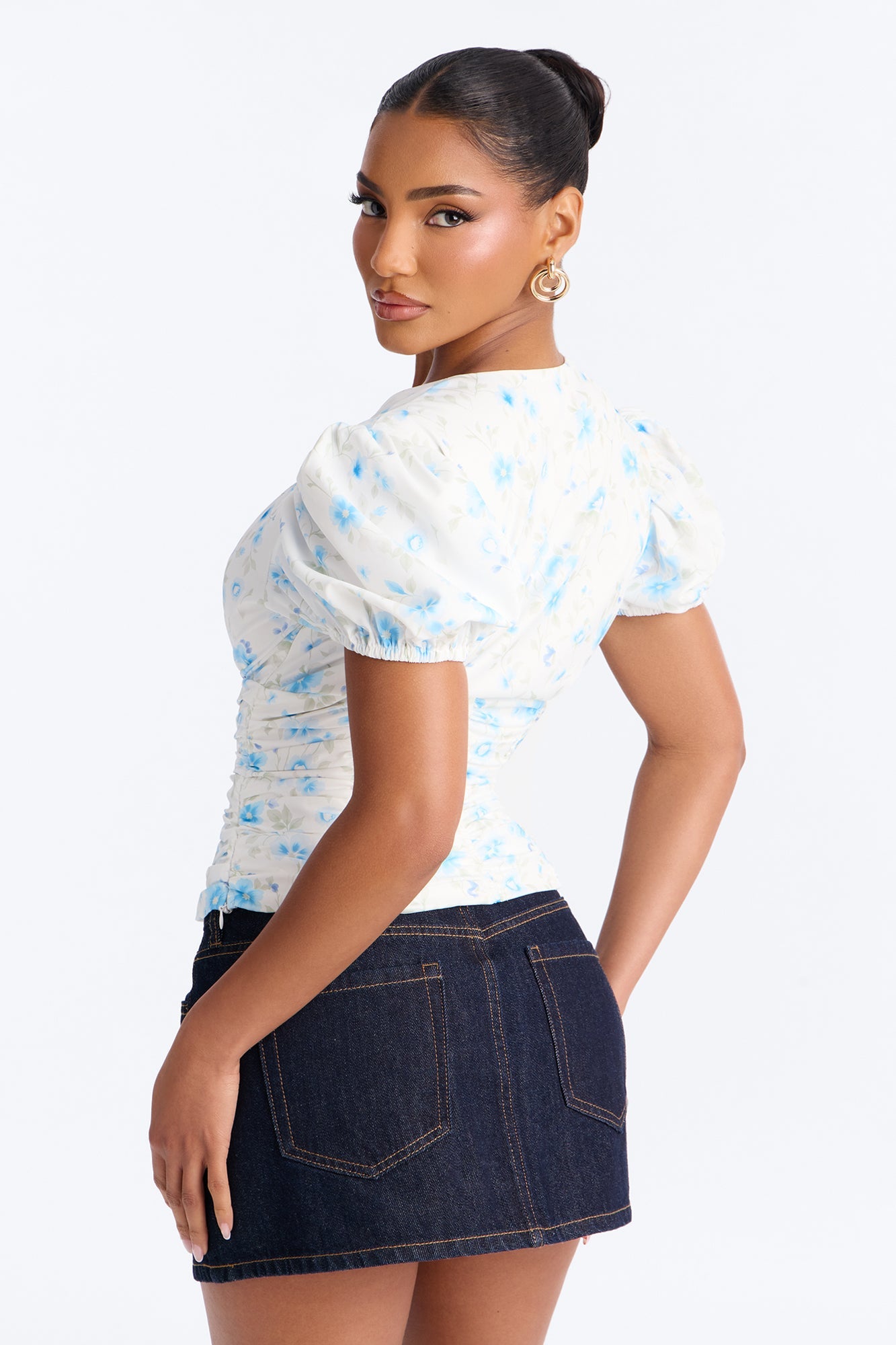 Arlene Puff Sleeved Floral Chiffon Top - Blue/combo