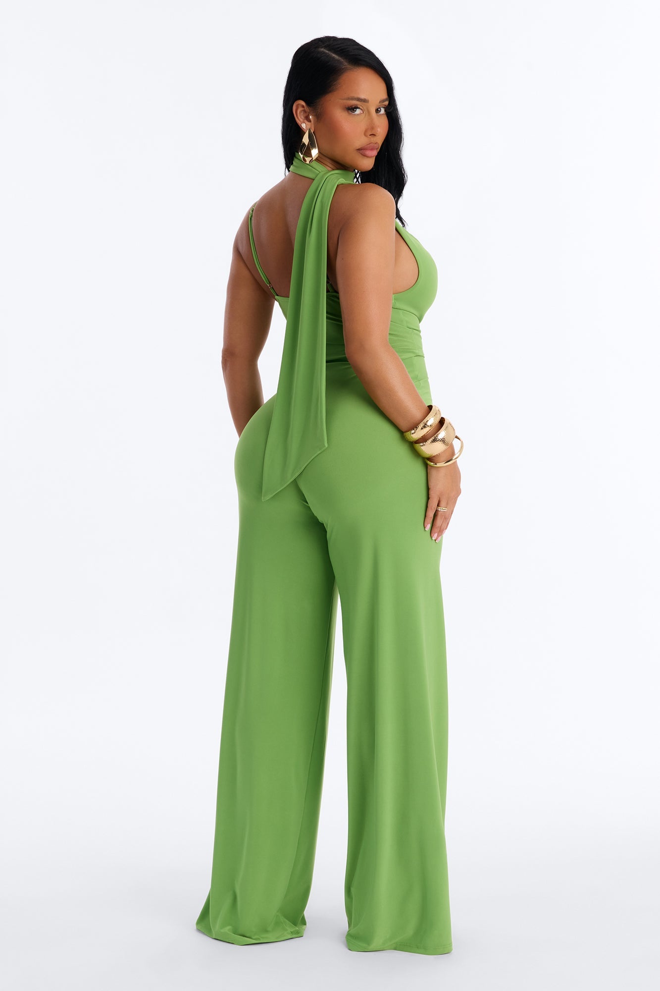 Maliyah Draped Scarf Wide Leg Jumpsuit - Green