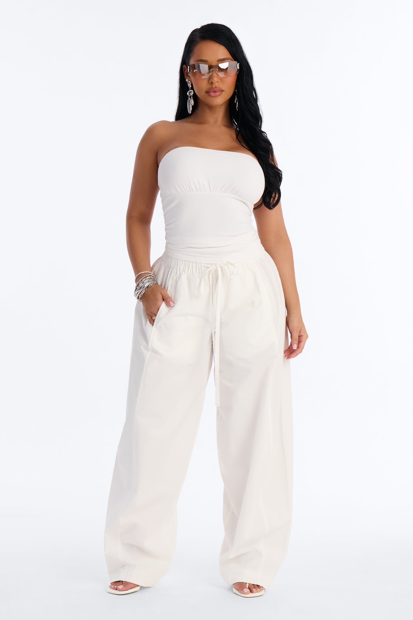 Maggie Low Rise Drawstring Wide Leg Pant 32″ - White