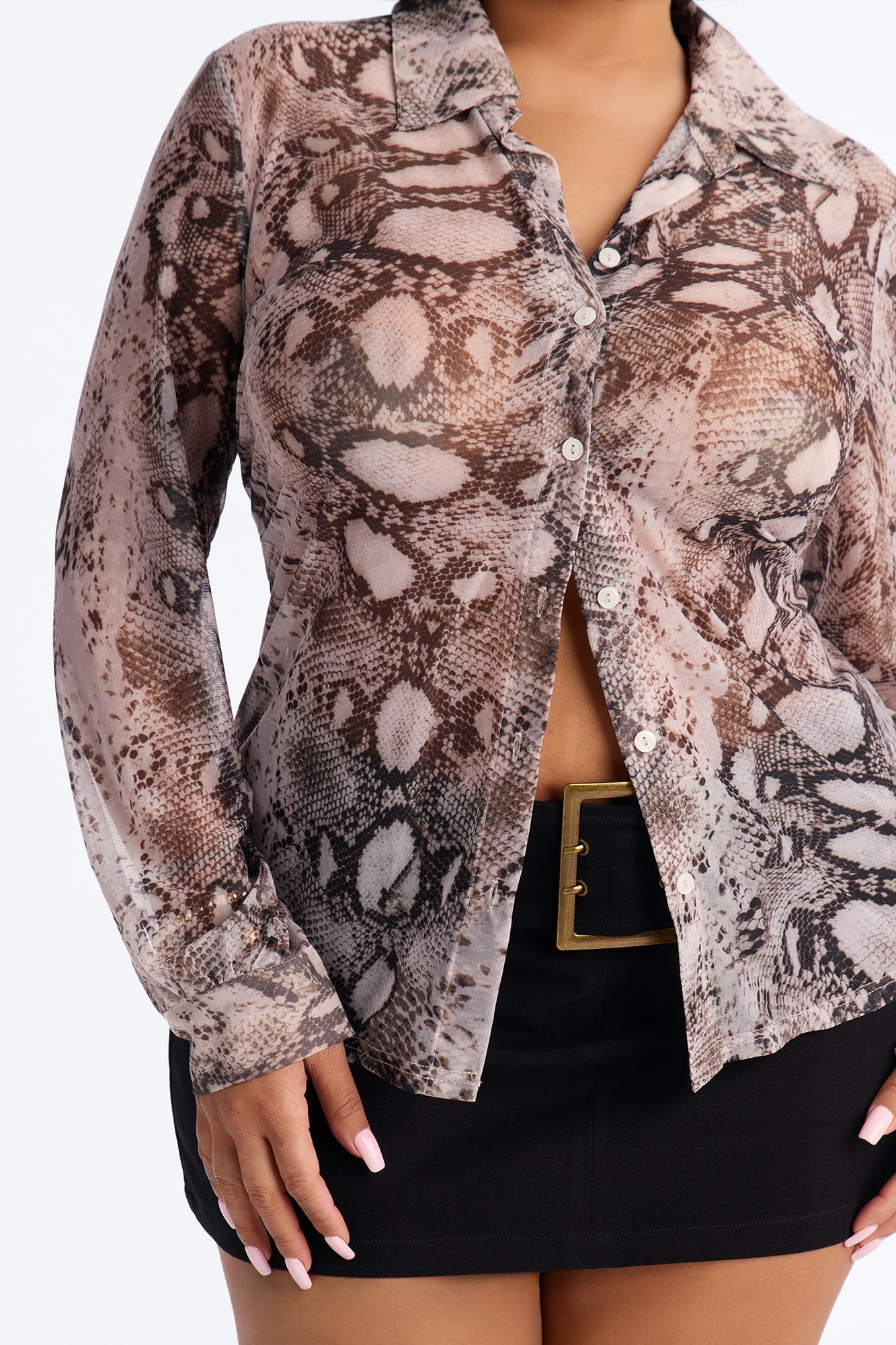Veronica Sheer Snake Mesh Long Sleeve Shirt - Brown/combo