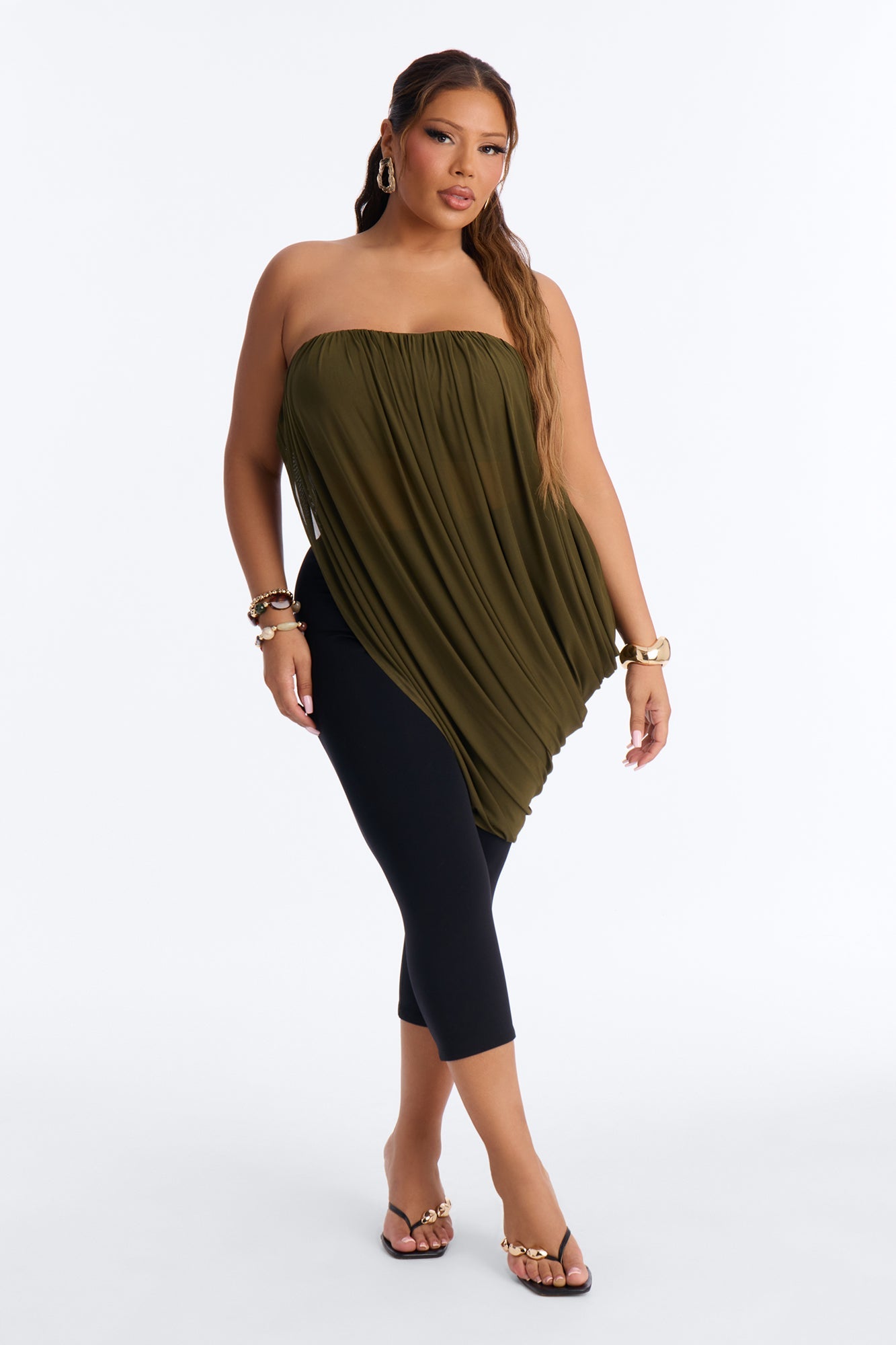 Bora Bora Nights Ruched Asymmetrical Mesh Top - Olive