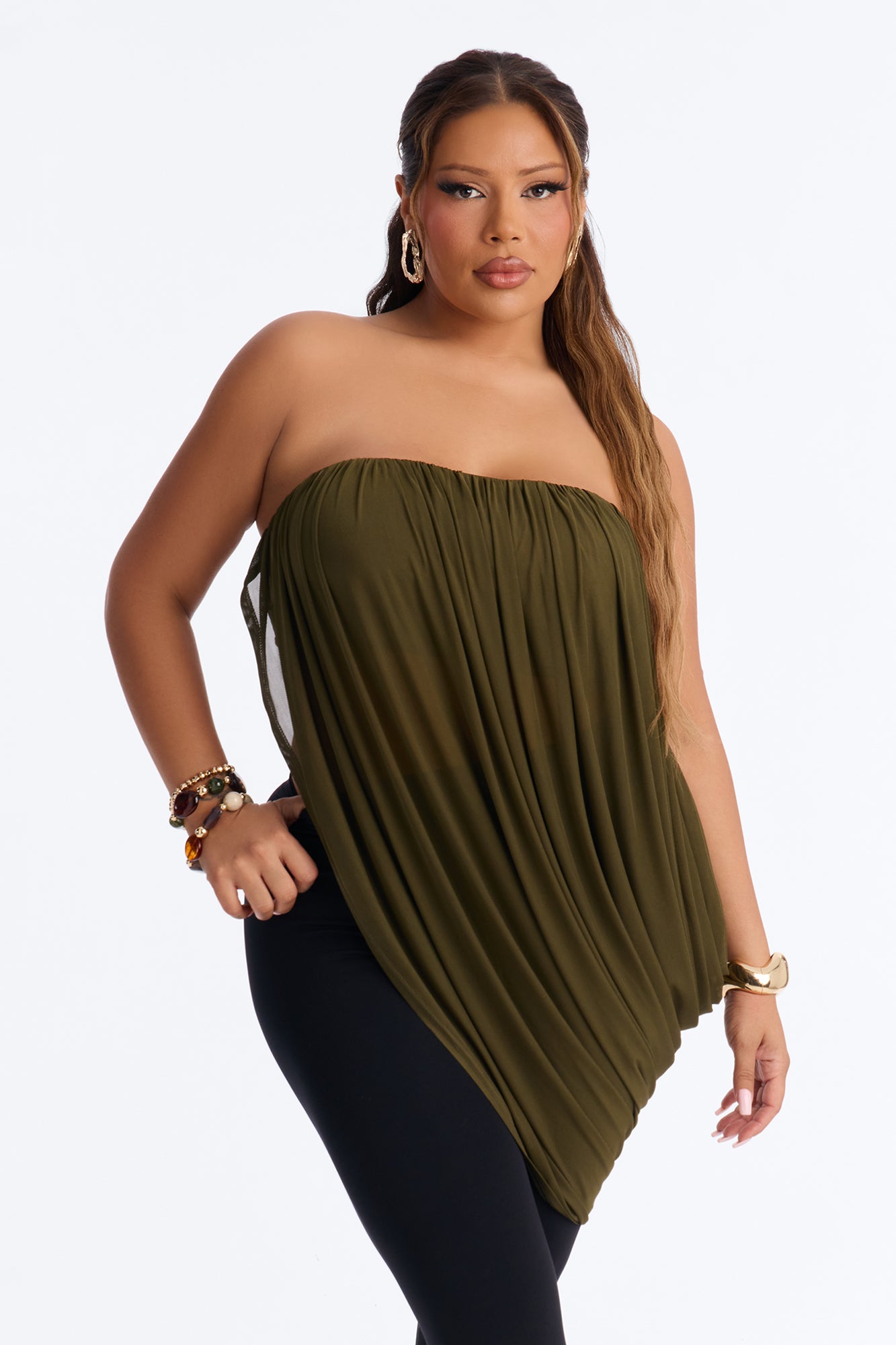 Bora Bora Nights Ruched Asymmetrical Mesh Top - Olive