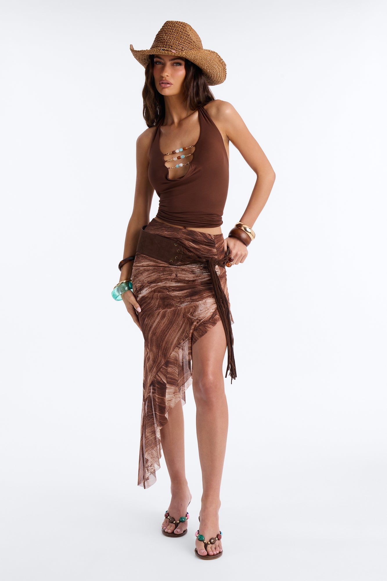 Wildflower Faux Leather Tie Belt - Brown