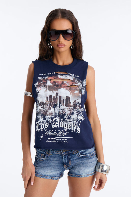 Los Angeles Slash Crop Muscle Tee - Navy