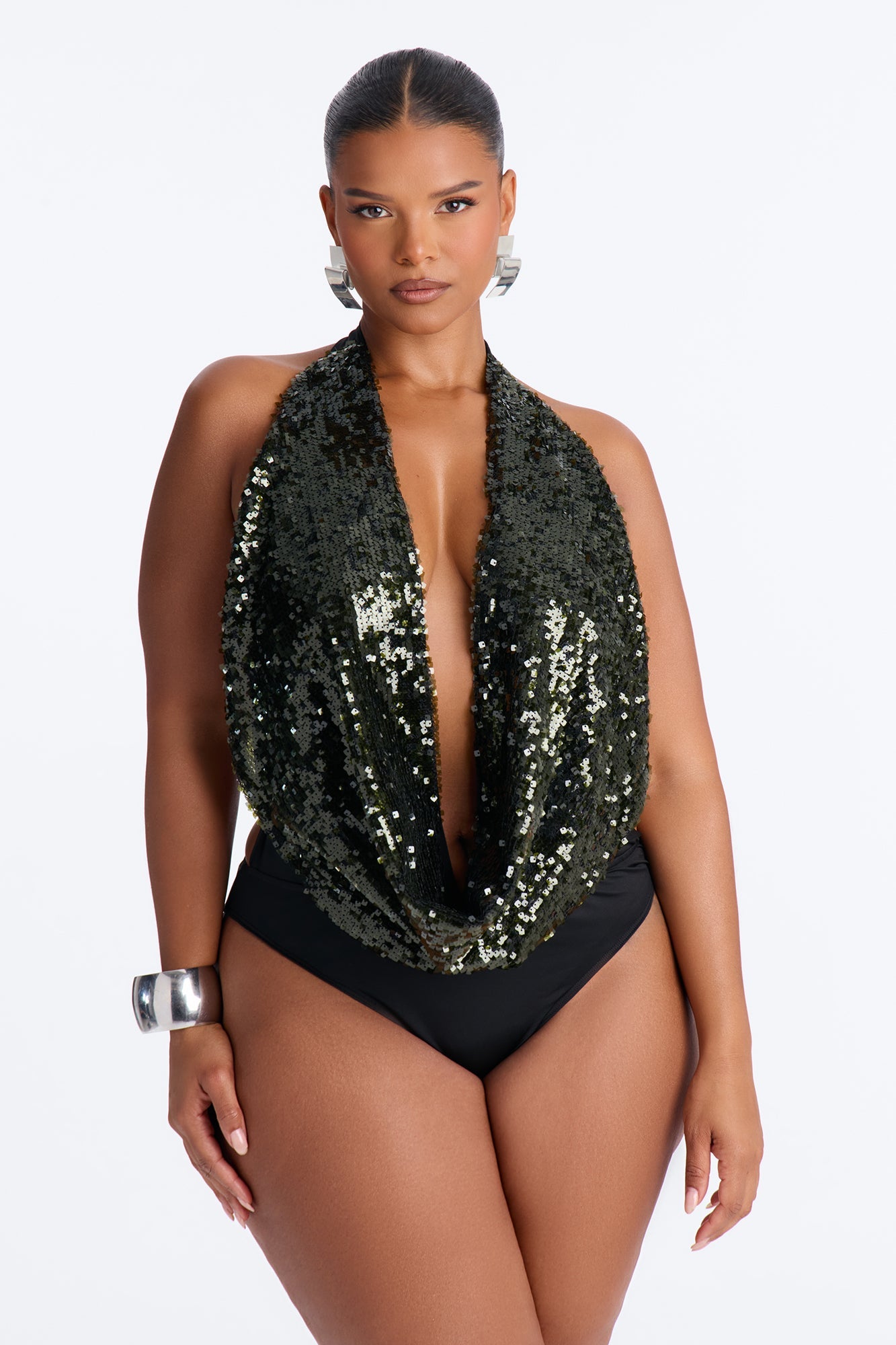 Sea Goddess Sequin Cowl Neck Halter Bodysuit - Hunter Green