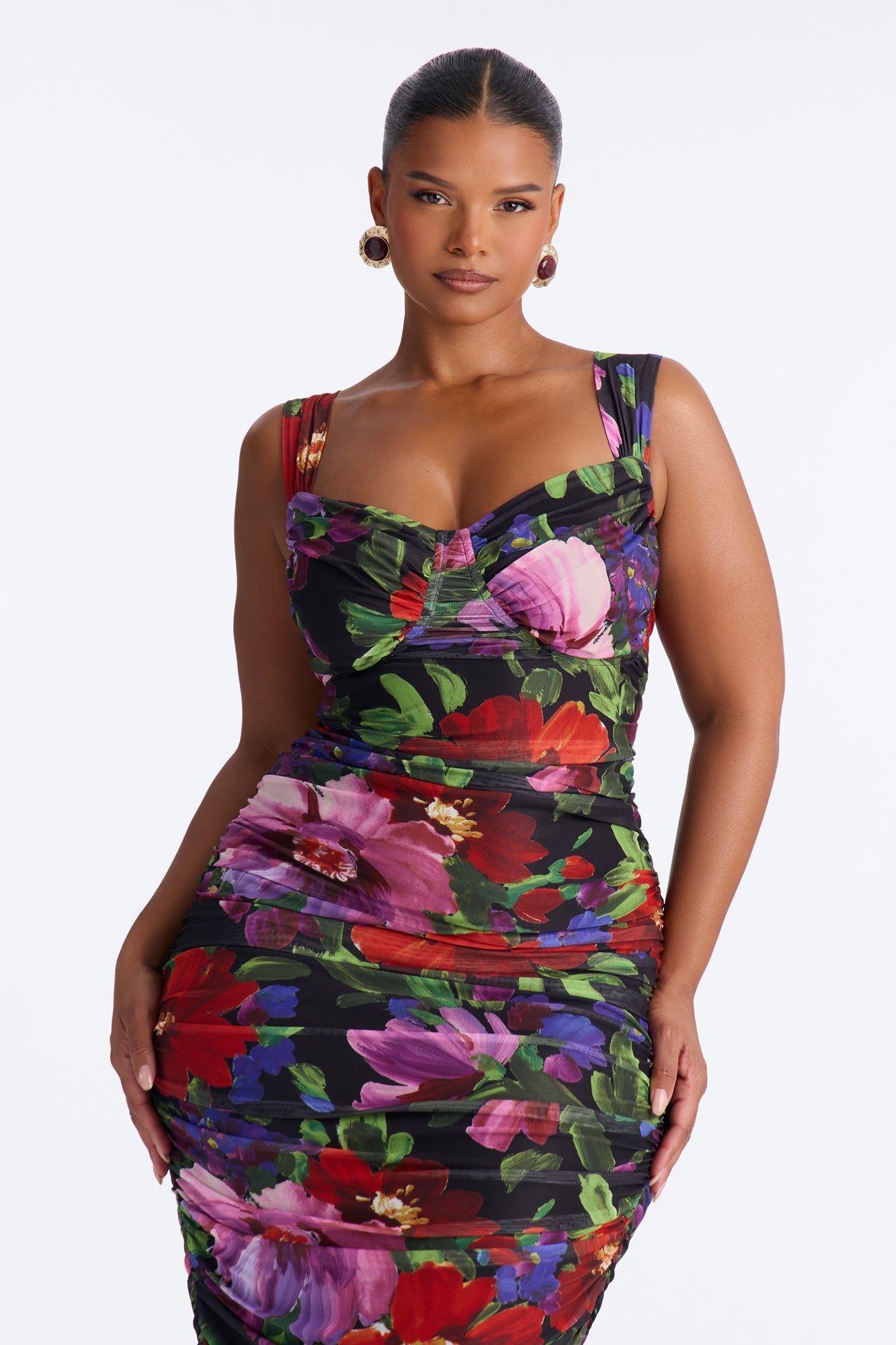 Natasha Floral Mesh Midi Dress - Black/combo