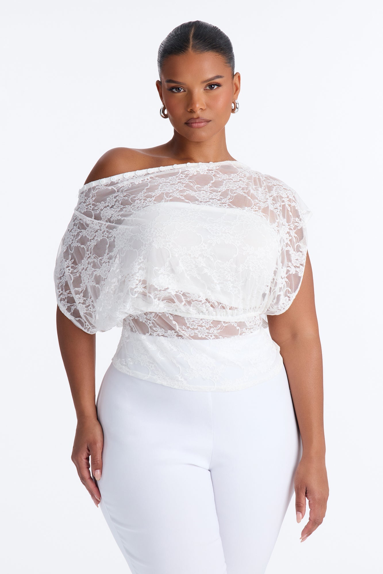 Olivia Off Shoulder Sheer Lace Top - White