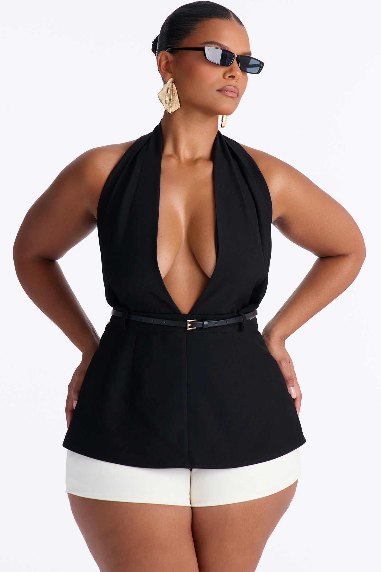 Minimal Talk Belted Twill Halter Top - Black