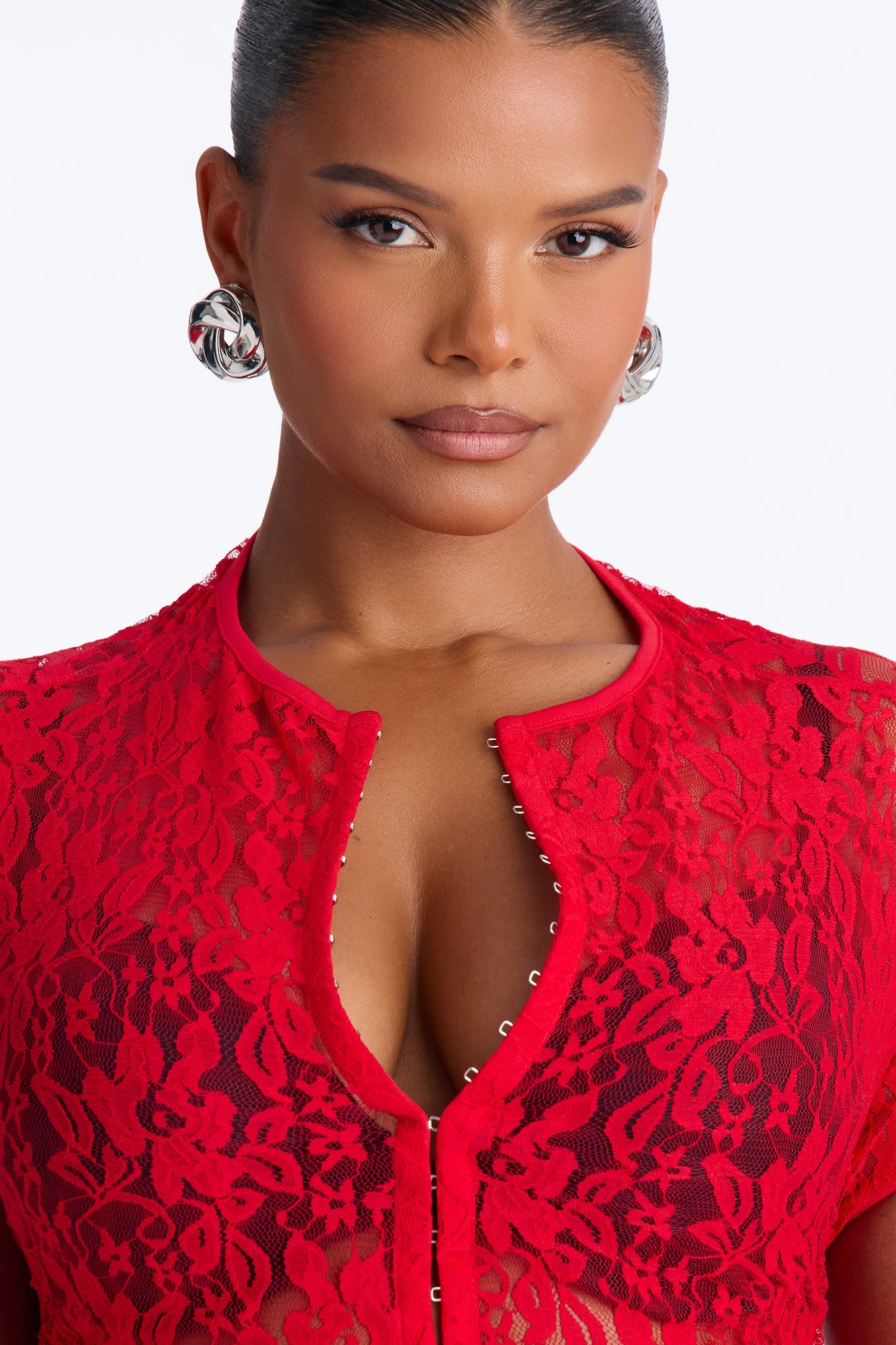 Lani Lace Mock Neck Cap Sleeve Top - Red