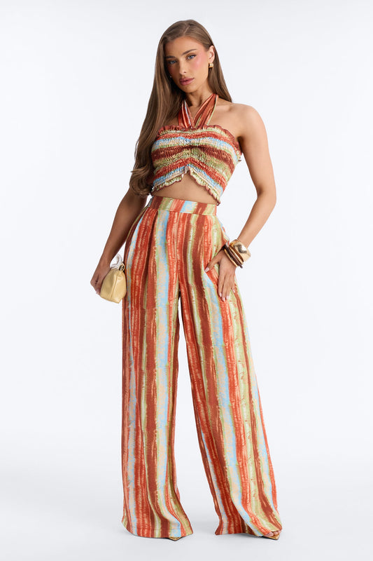 Taryn Smocked Top Wide Leg Pant Set - Rust/combo