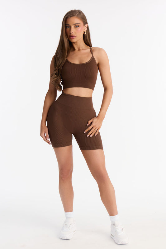 Never Settle Seamless Sports Bra Biker Short Set - Brown