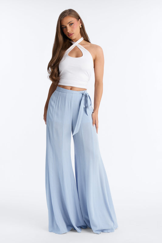 Kelsey Mid Rise Tie Waist Flowy Wide Leg Pant 34″ - Light Blue
