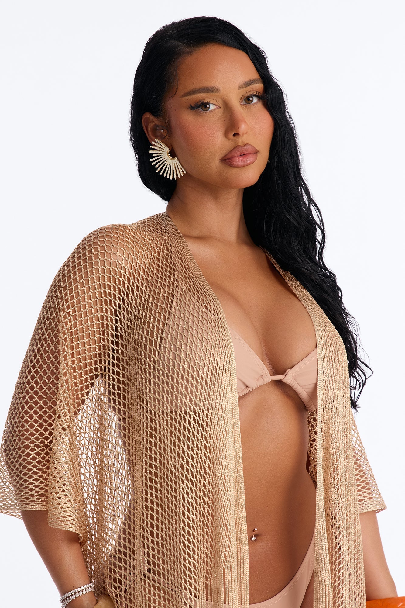 Paula Shimmer Fringe Swim Cover Up Kimono - Gold