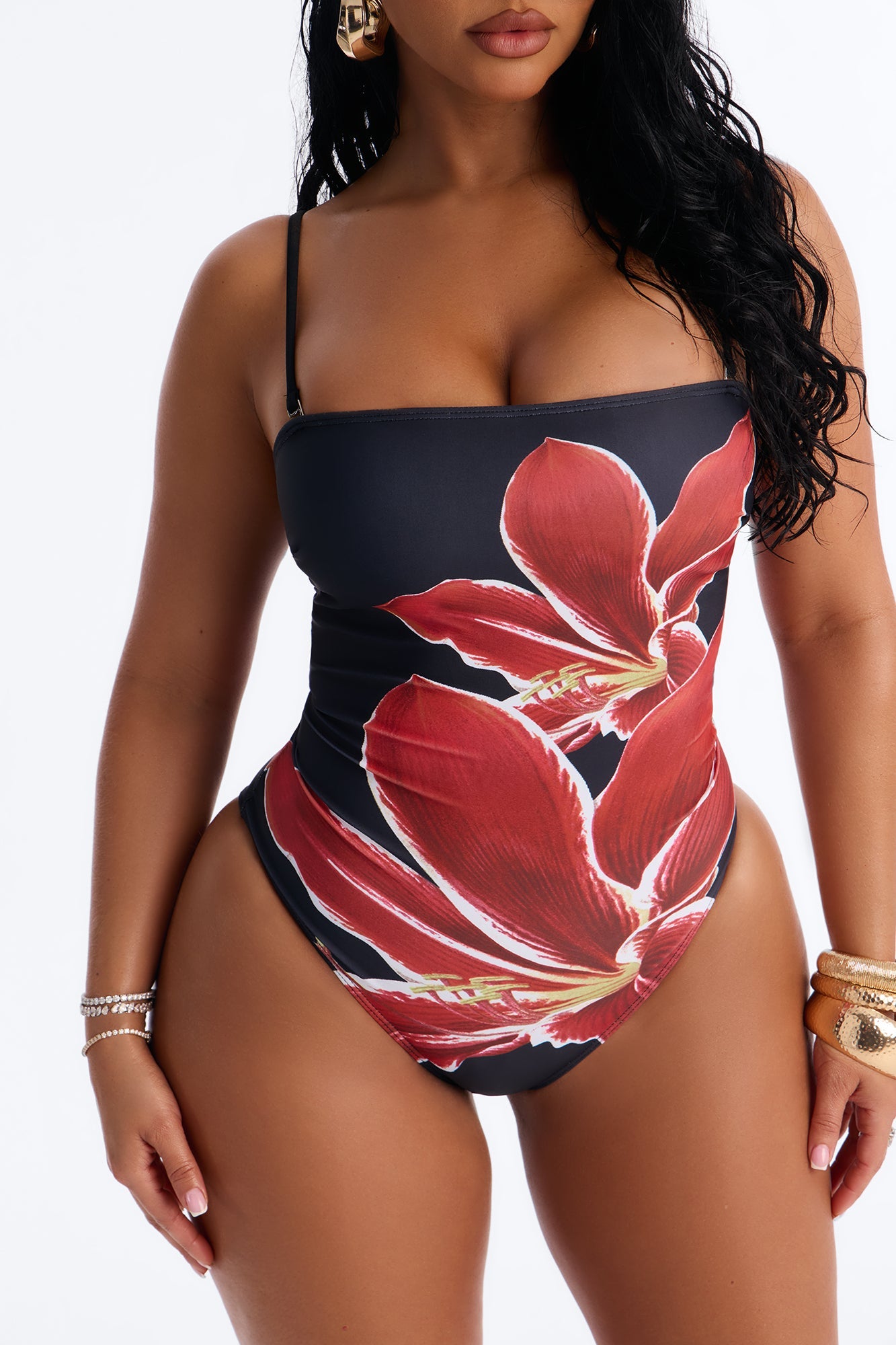 Nelissa Floral 1 Piece Strapless Swimsuit - Black/Red