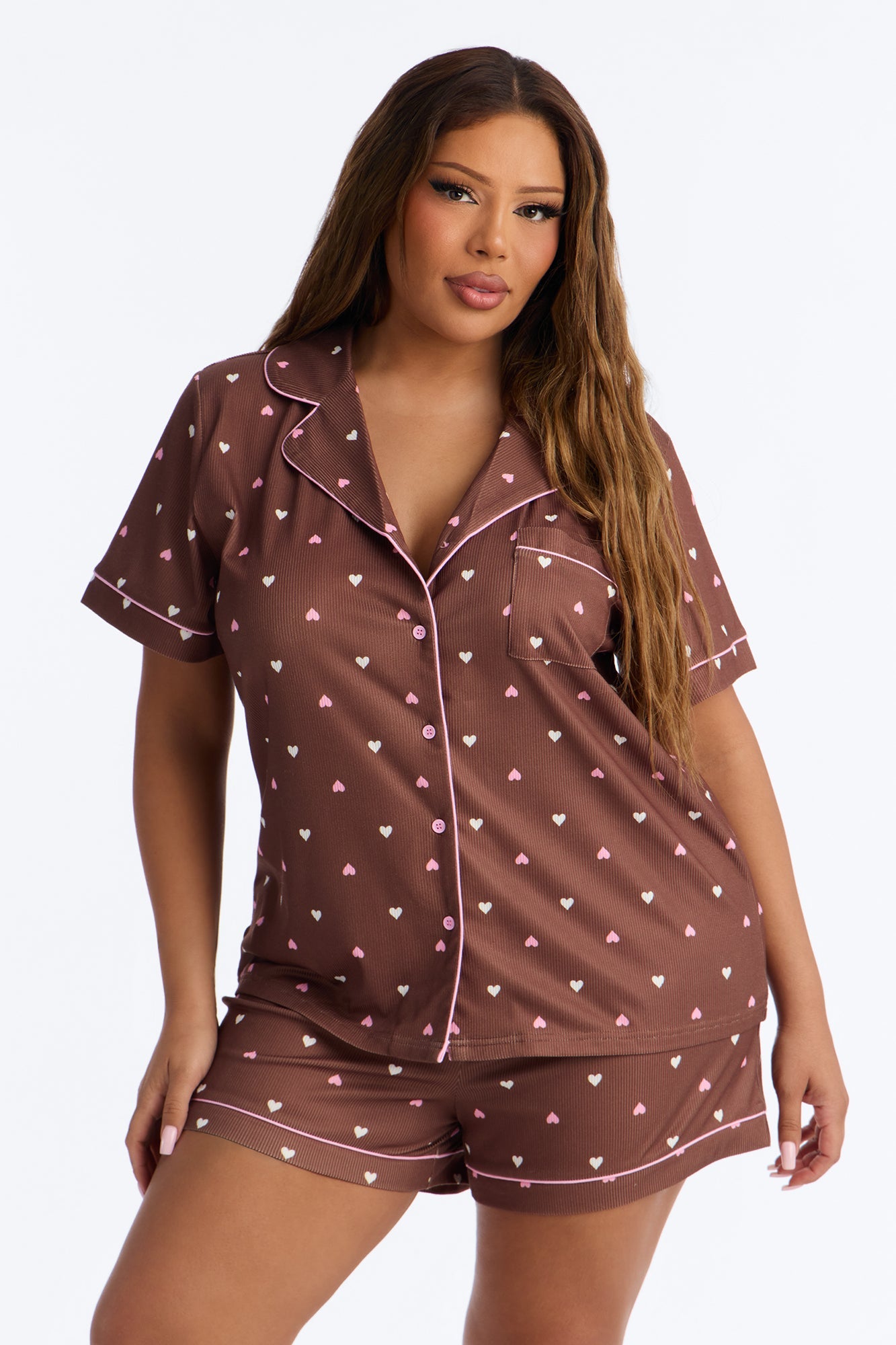 Pieces Of My Heart PJ Short Set - Brown/combo