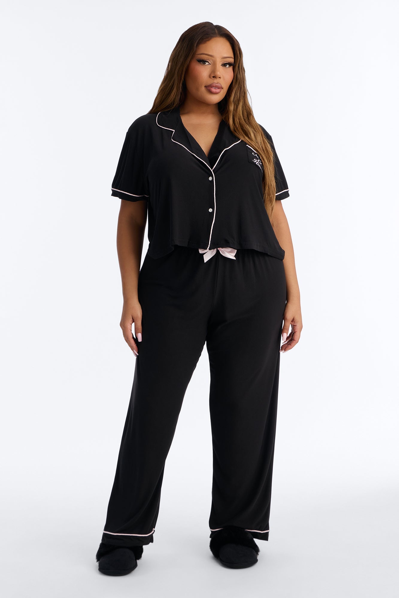 Maid Of Honor Time Notch Collar PJ Pant Set - Black/Pink
