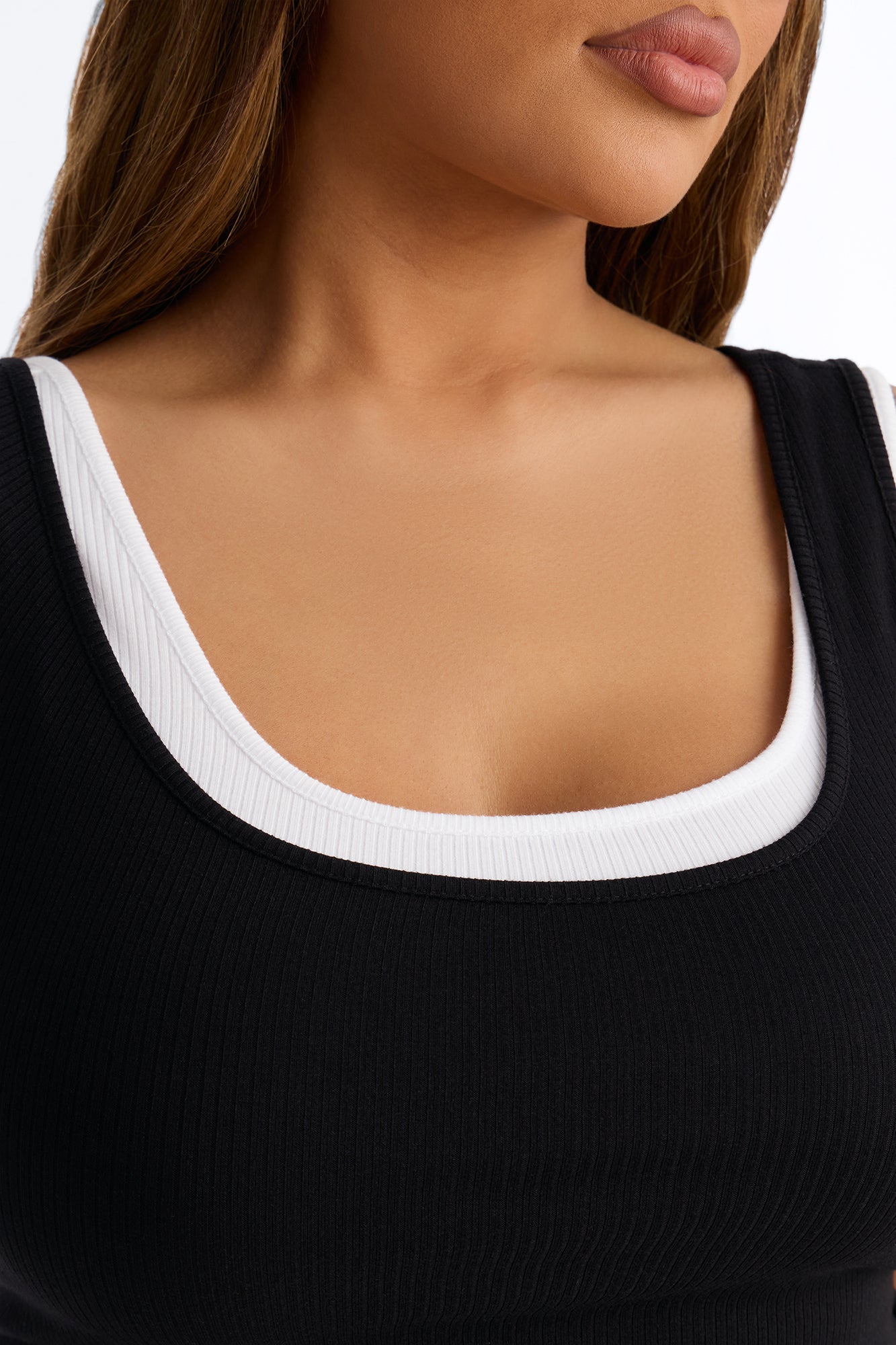 Ashlee Ribbed Layered Off Shoulder Tank Top - Black/White