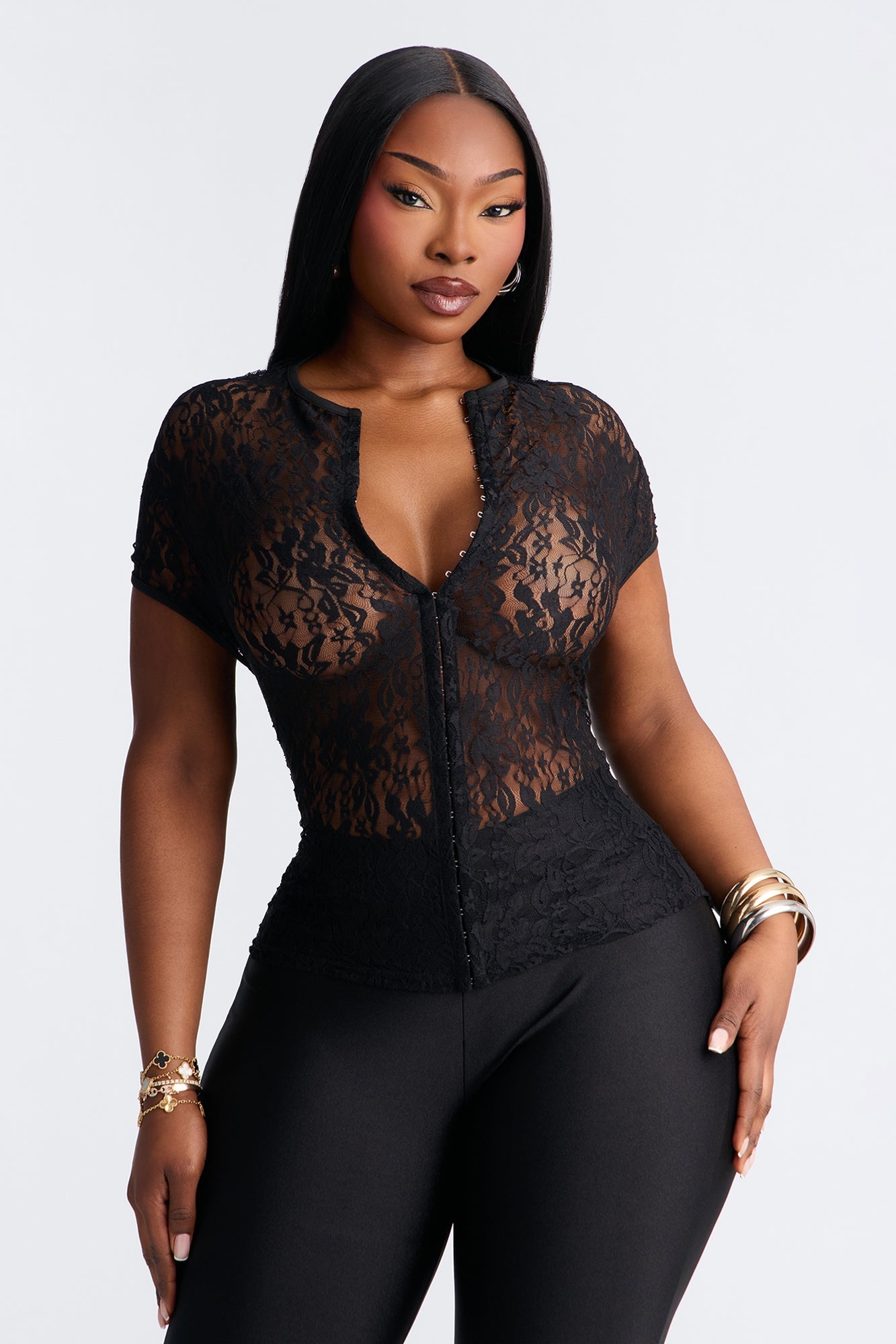 Lani Lace Mock Neck Cap Sleeve Top - Black