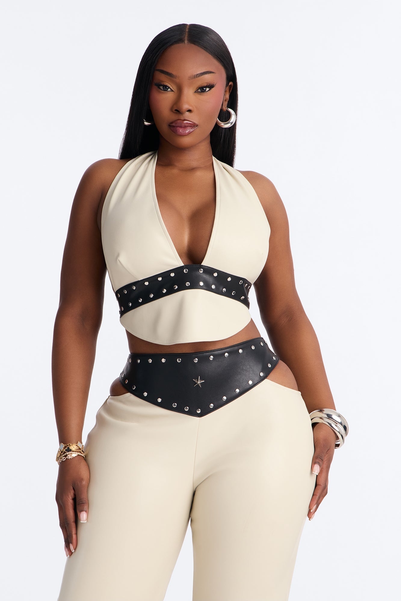 Natasha Faux Leather Studded Pant Set - Cream