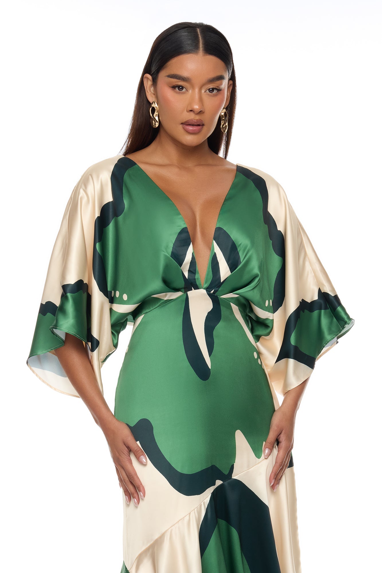 Veronika Short Sleeve Satin Maxi Dress - Green/combo