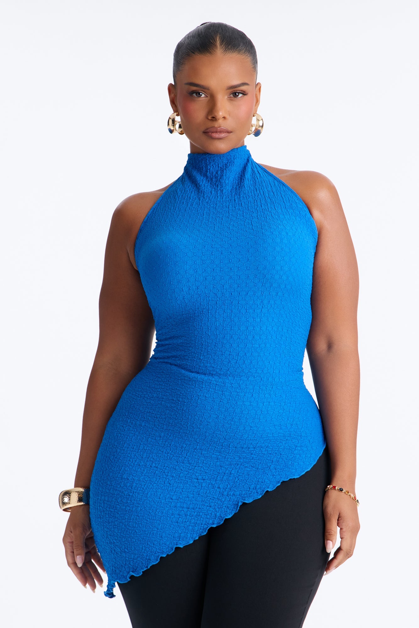 Barbados Textured Asymmetrical Halter Mock Neck Top - Royal
