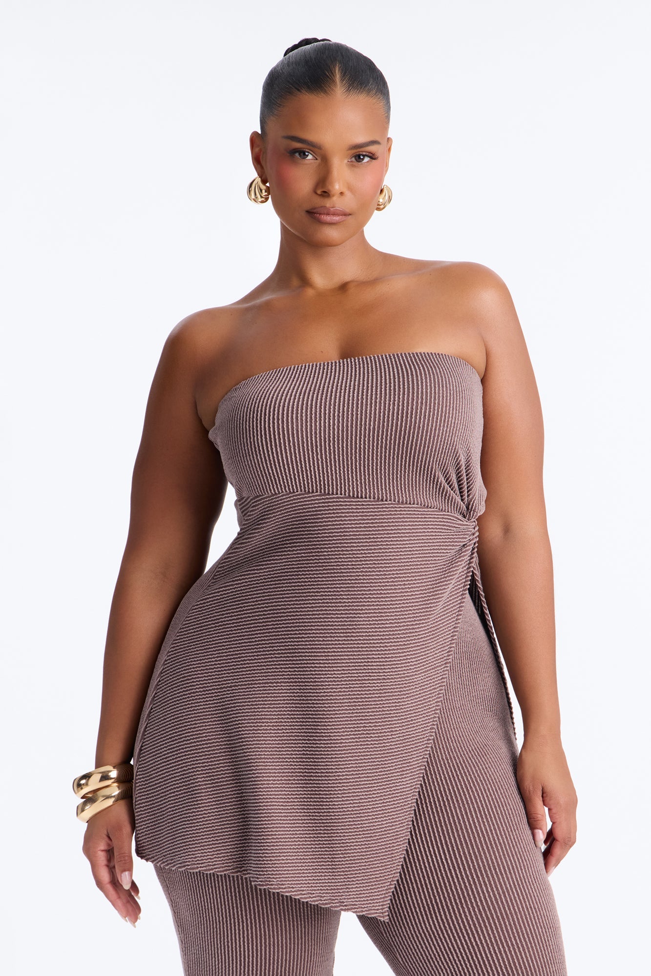 Mona Textured Strapless Flare Pant Set - Mocha