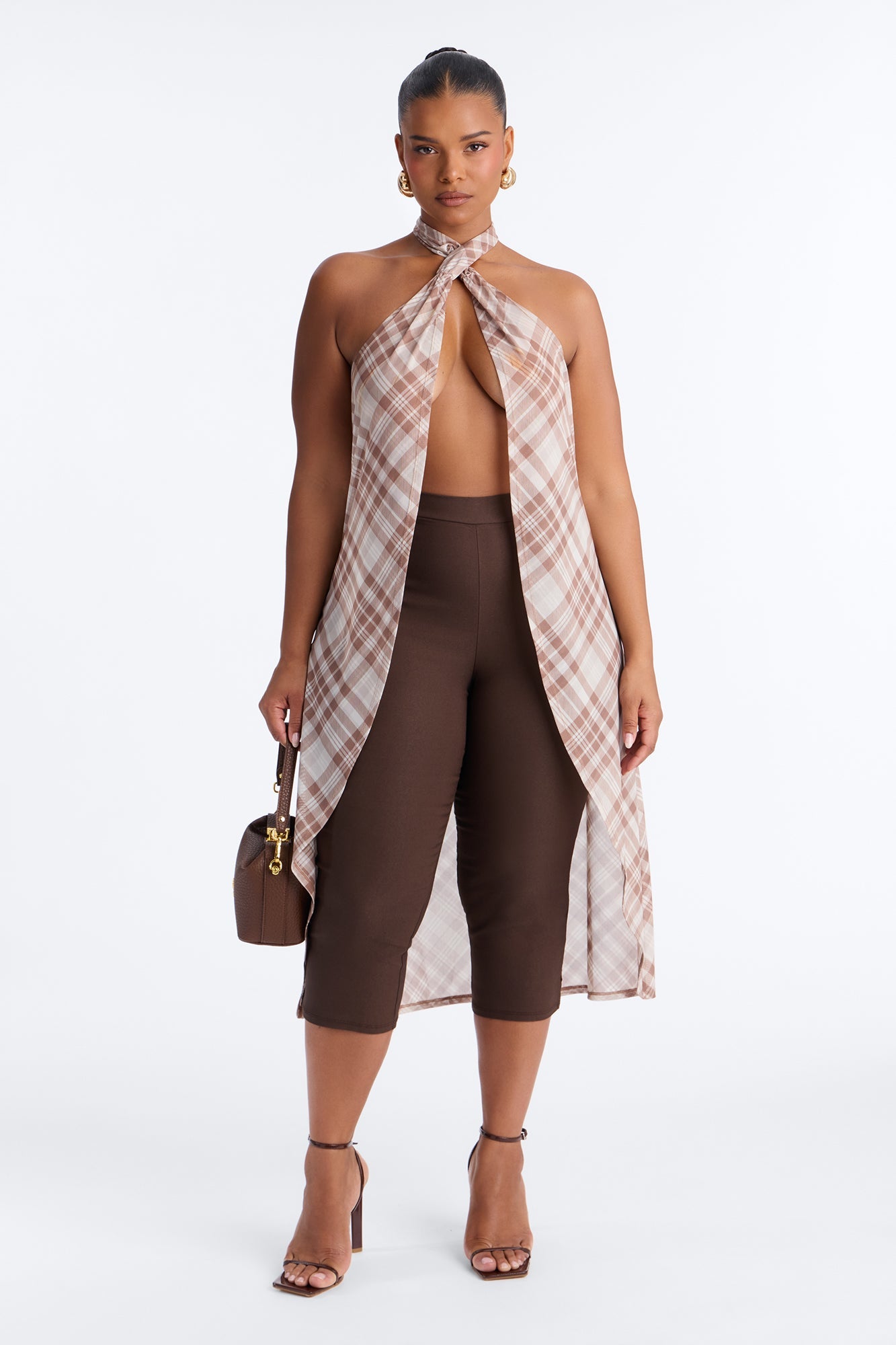 Plaid Vision Mesh Flyaway Halter Top - Cream/combo