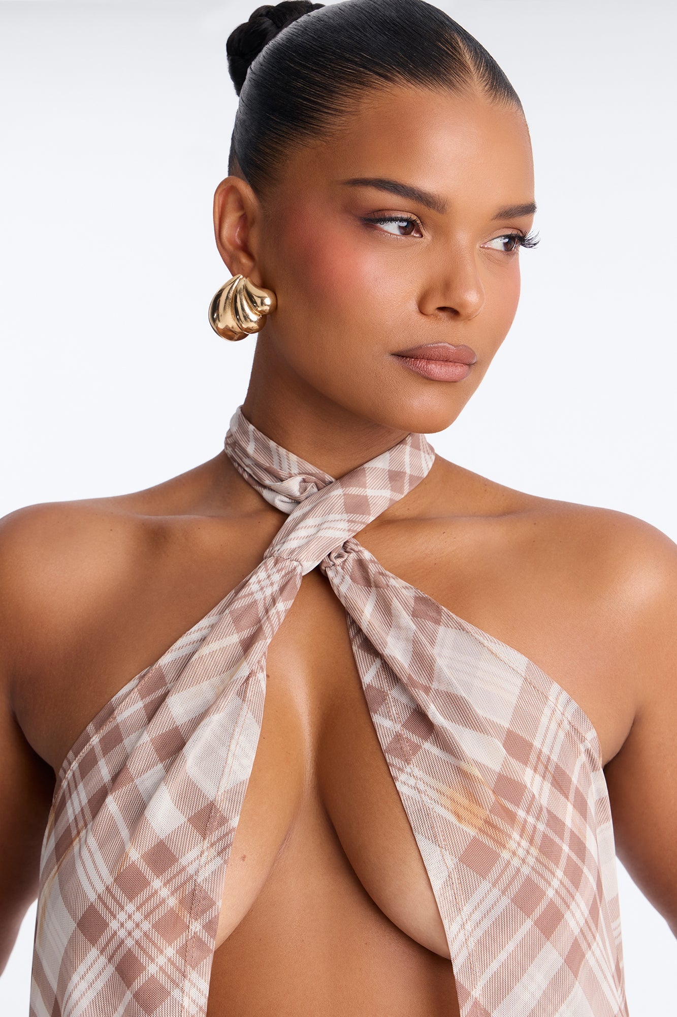 Plaid Vision Mesh Flyaway Halter Top - Cream/combo