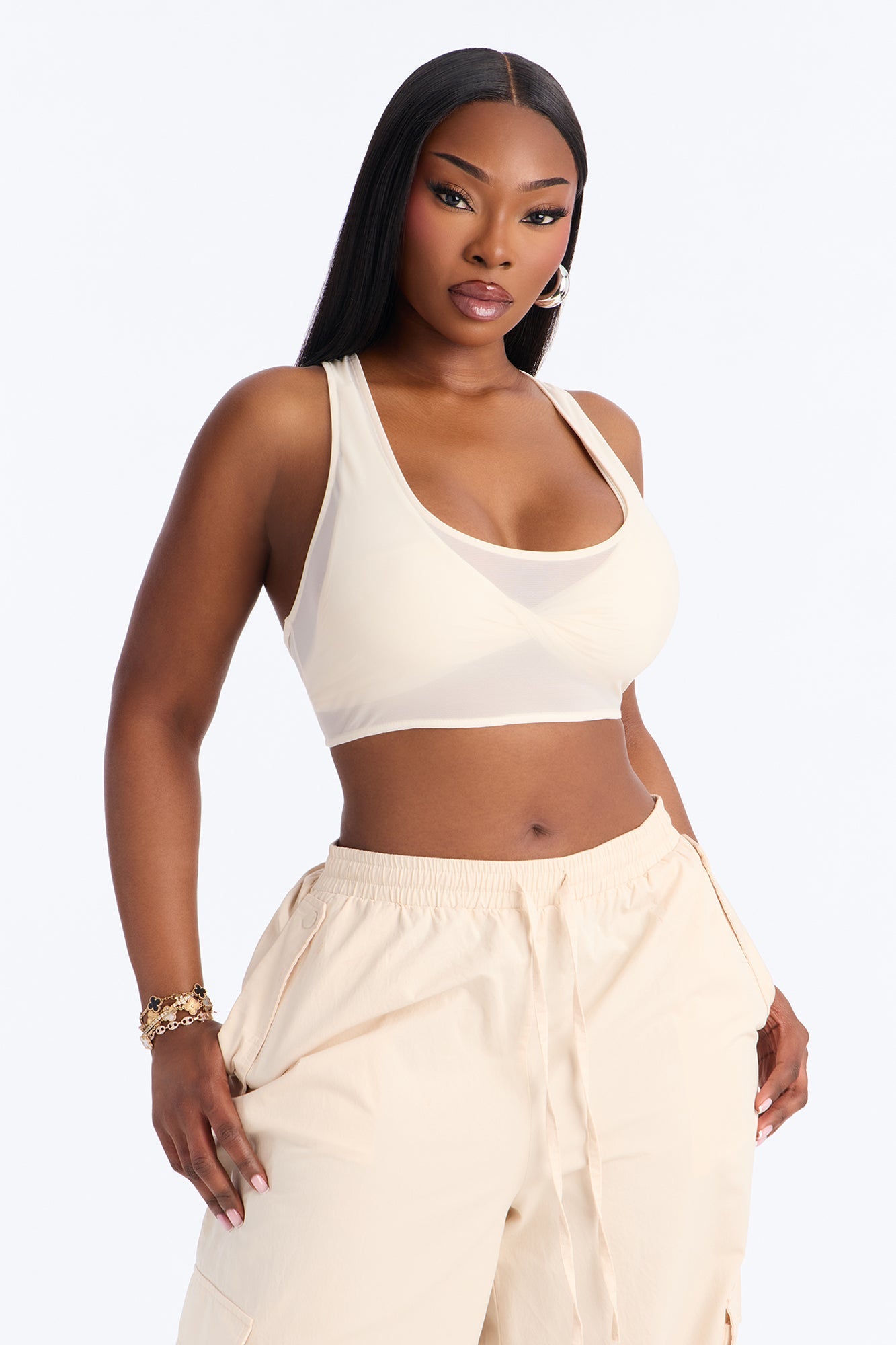 Power Mesh Racerback Bra Top - Bone