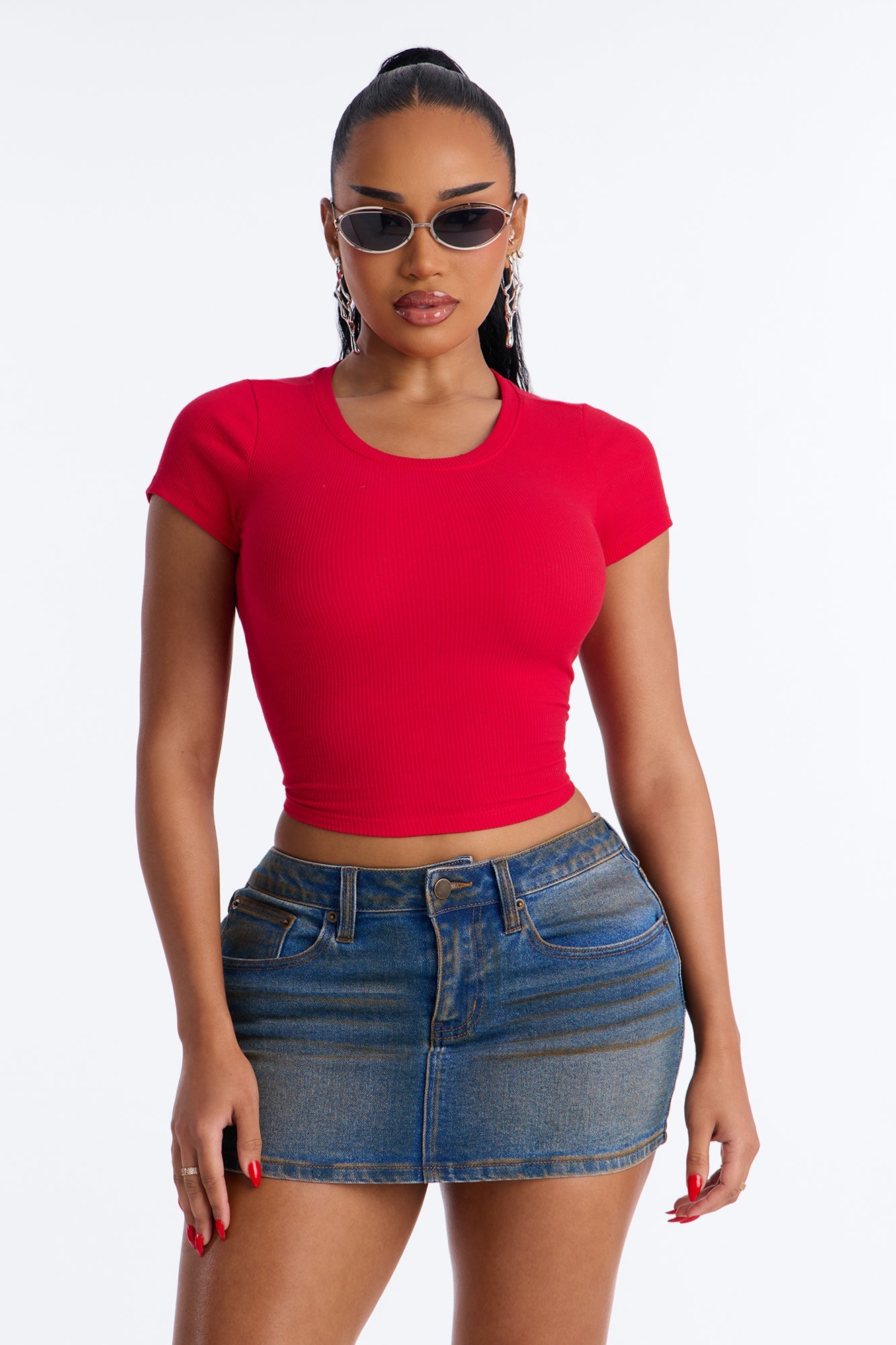Cotton Rib Crew Neck Baby Tee - Red