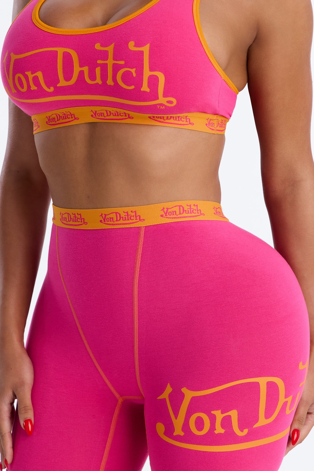 Von Dutch Contrast Stitching Bralette Boyshort High Waist 2 Piece Set - Fuchsia
