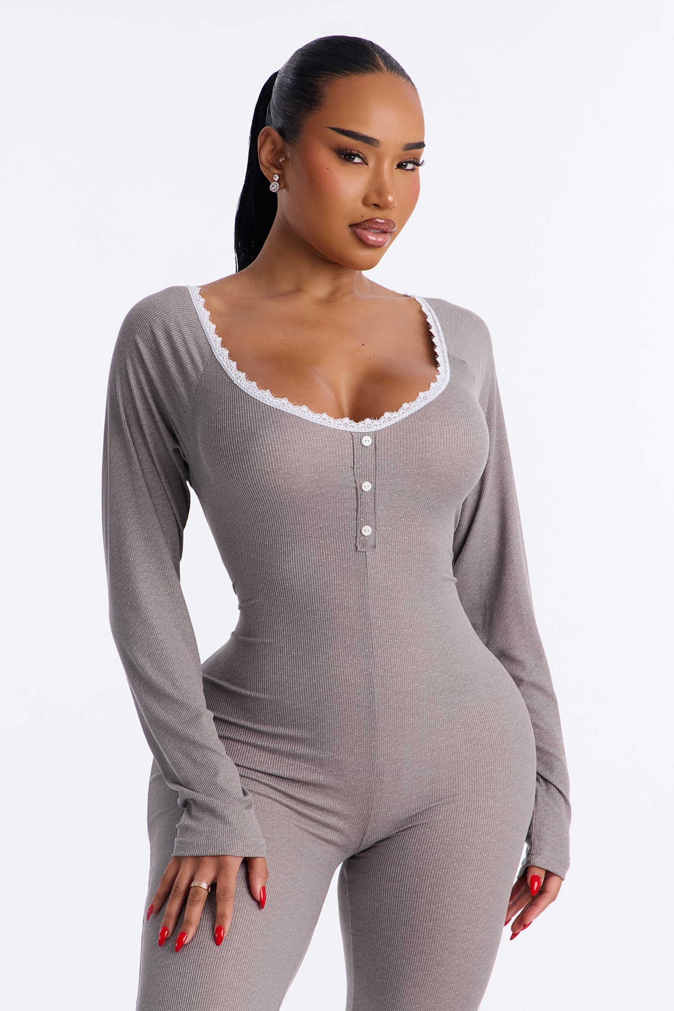 Stay In With Me Ribbed Henley PJ Jumpsuit Onesie - Charcoal