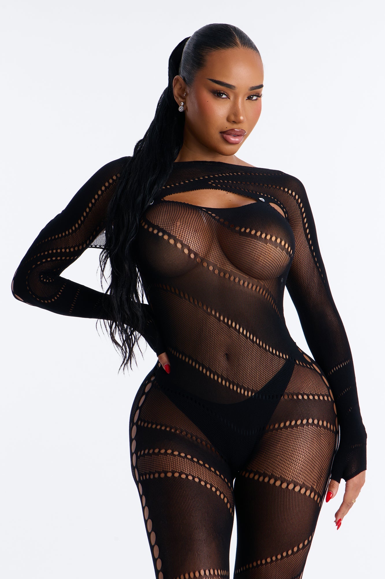 Alexis Rhinestone Jumpsuit Bodystocking - Black