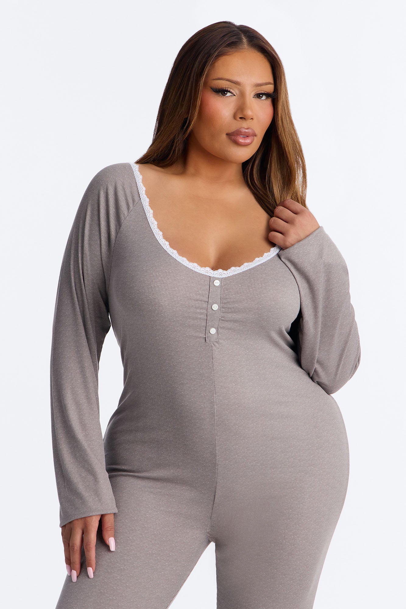 Stay In With Me Ribbed Henley PJ Jumpsuit Onesie - Charcoal