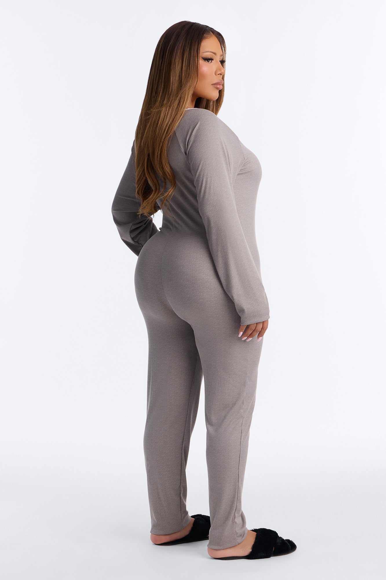 Stay In With Me Ribbed Henley PJ Jumpsuit Onesie - Charcoal