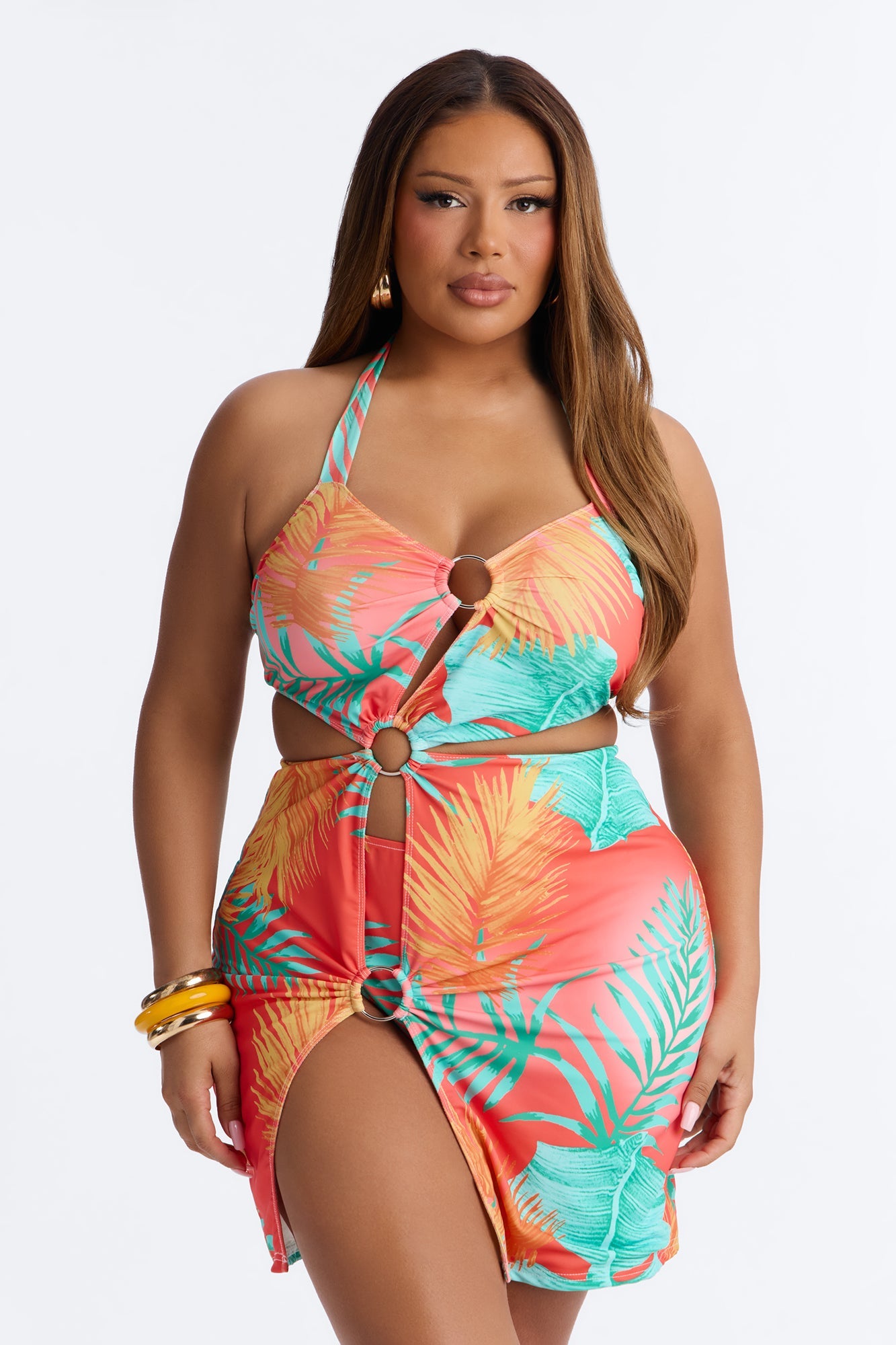 Sunset Sips Swim Cover Up Dress With Attached Bikini Bottom - Multi Color